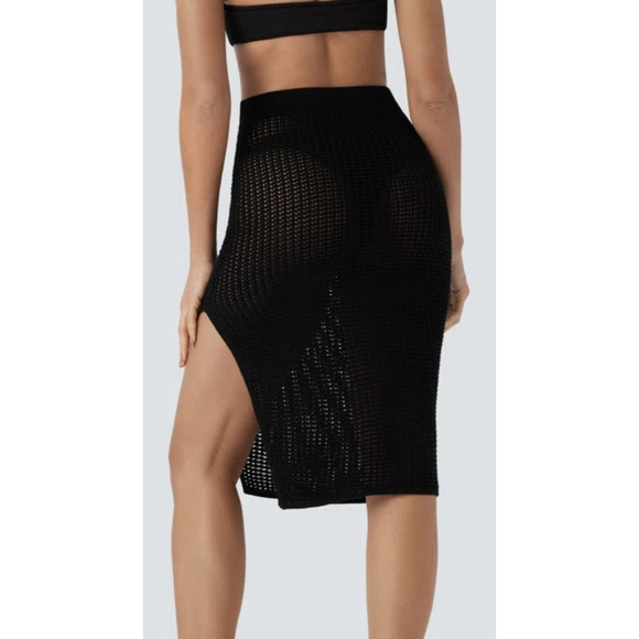 Halara Skirt Womens Small Black Crochet Knit Midi Swim Cover Up High Slit Beach - Picture 4 of 8